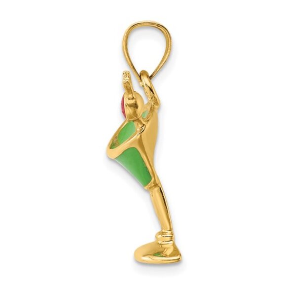 CLOSEOUT! 14k Yellow Gold Small Green Martini Drink w/ red Cherry Charm Pendant - Picture 2 of 2